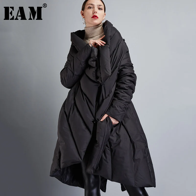 [EAM] 2021 Новое Осеннее зимнее черное Свободное пальто с v образным вырезом и длинным