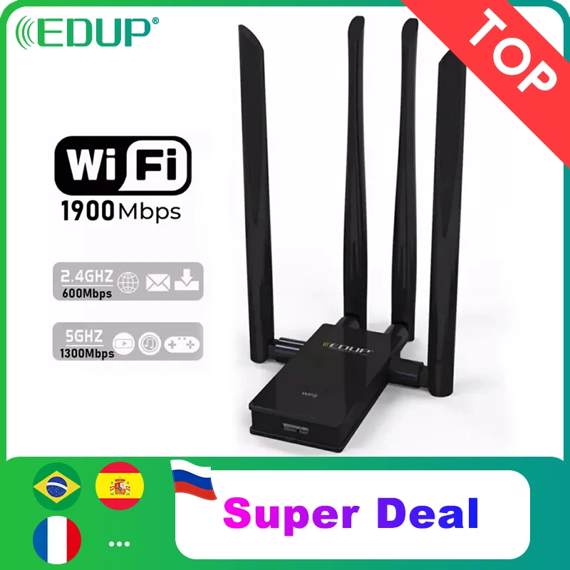 USB Wi Fi адаптер EDUP 5 ГГц 1900 Мбит/с 802.11ac приемник на большие расстояния с антеннами 4*6
