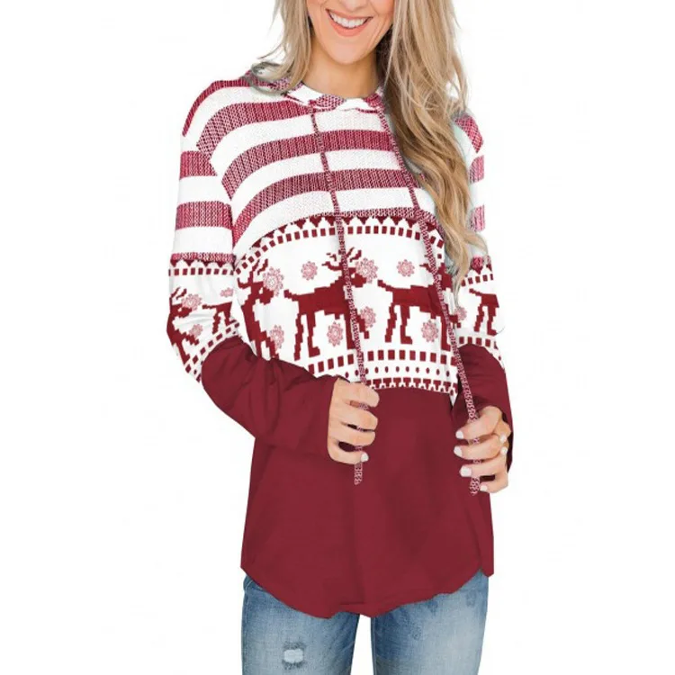 

New Christmas style Hoodie women's fall striped reindeer print sweatershirt street recreational sports clothing coat women tops