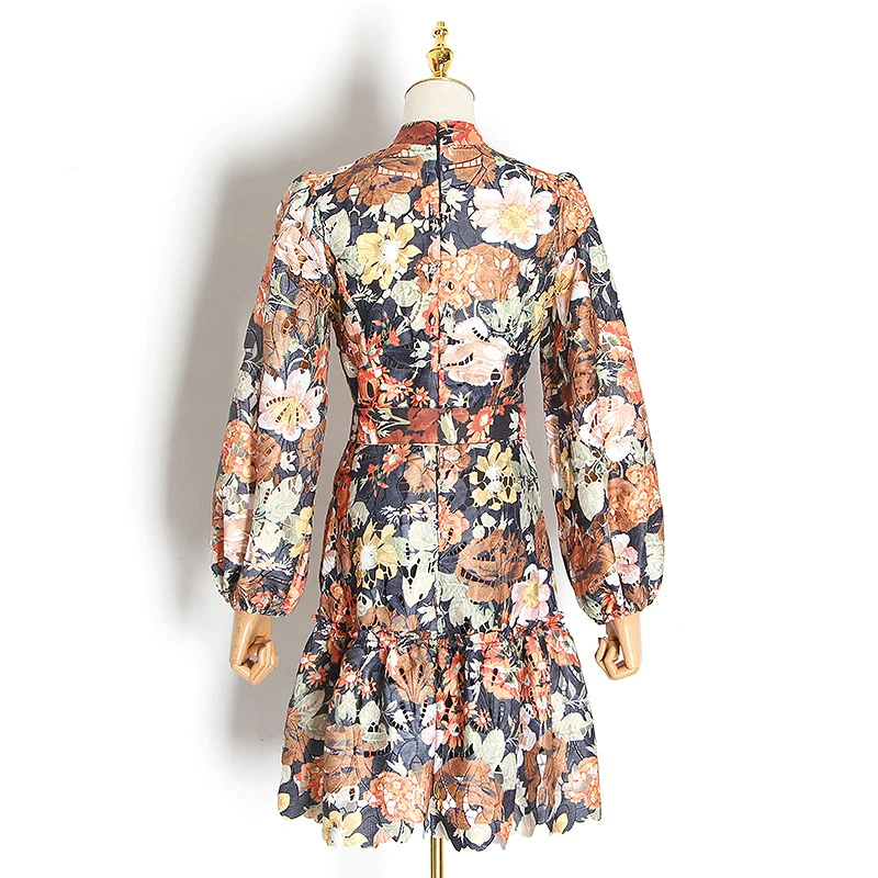 

2020 early spring New Women style printed embroidered Dress bubble sleeve high waist Dress Sexy Slim Dresses with belt W335