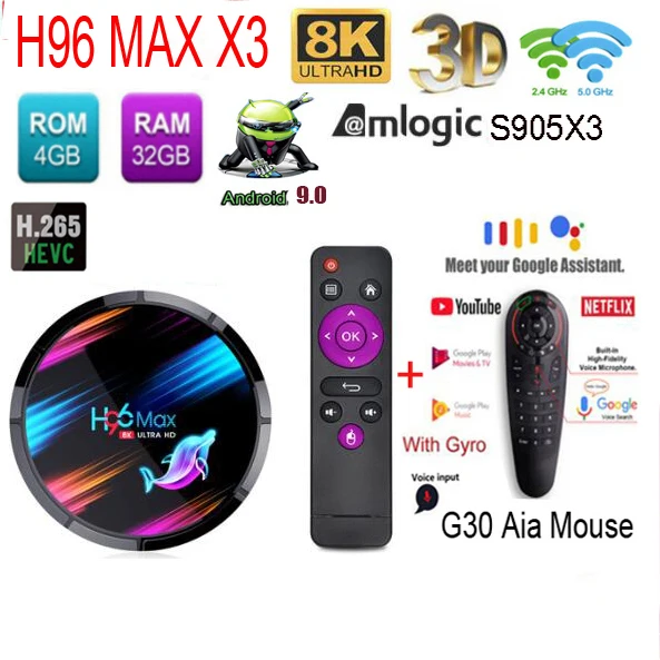 

ТВ-приставка H96 Max X3 S905X3, android 9, 8K, Amlogic, 128 Гб/64 Гб/32 ГБ, 2,4 ГГц и Φ, Wi-Fi, 1000 Мбит/с, lan, BT, usb3.0, дополнительно g30, Воздушная мышь