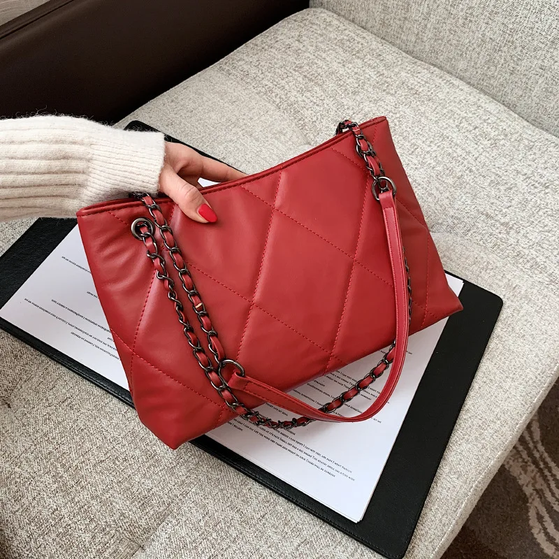 

2021 Spring New Fashion Ladies Embroidered Line Rhombic Tote Bag Korean Version of High Quality One-shoulder Messenger Chain Bag