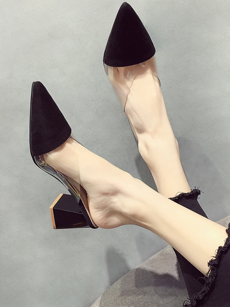 

Baotou half slippers female outer wear 2021 new Korean version transparent wild fashion pointed thick heel high heel sandals.