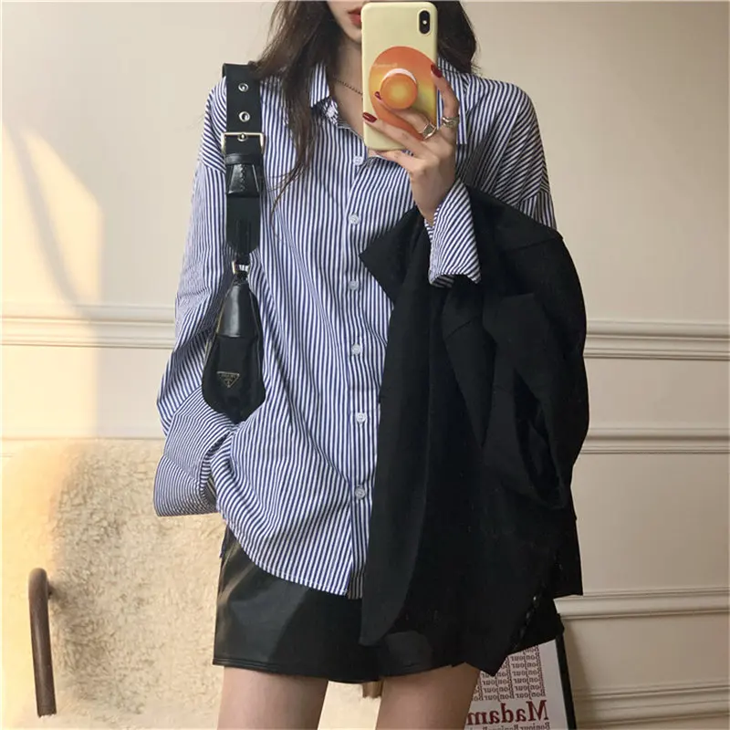 

HziriP Blue Striped Oversize Loose Vintage Stylish Tops Hot Femme Retro Shirts New Gentle Chic Casual Streetwear Women Blouses
