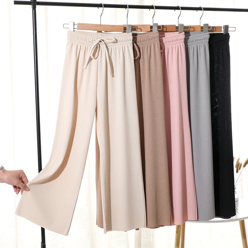 

Slacks Women's Loose Summer Pants Soft Ice Silk Ankle-Length Black Wide Leg Pants Grey Khaki Women High Waisted Trousers 2021