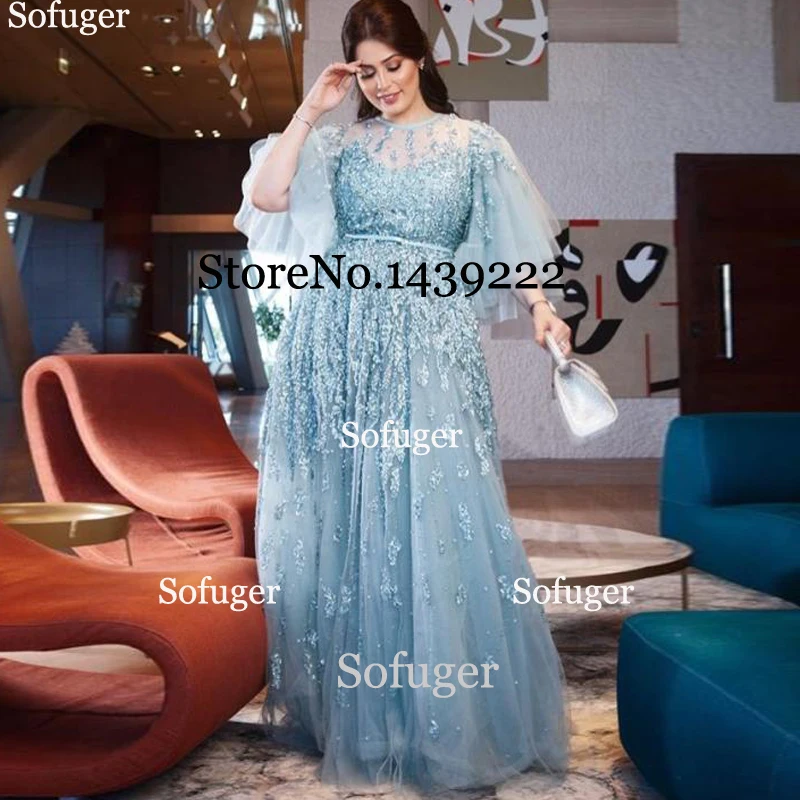 

Blue Tulle Deep O Neck Evening Dresses Appliques Saudi Arabic Special Occasion Evening Formal Prom Party Gown