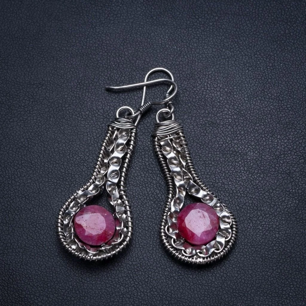 

Natural Cherry Ruby Handmade Indian 925 Sterling Silver Earrings 2" T5067