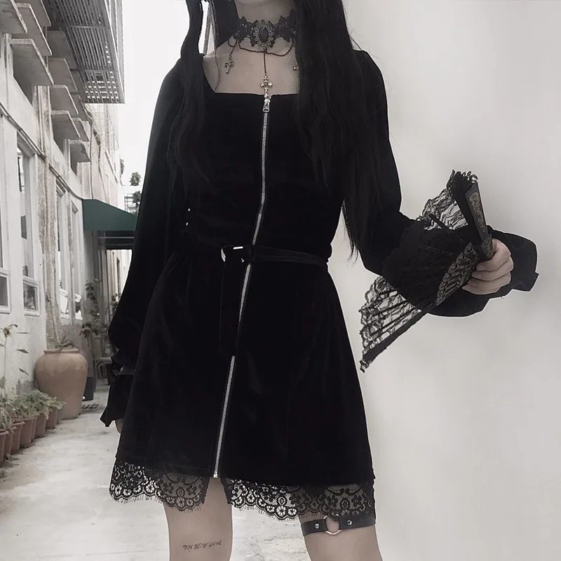 Женское кружевное платье на молнии черный вельветовый в готическом стиле с