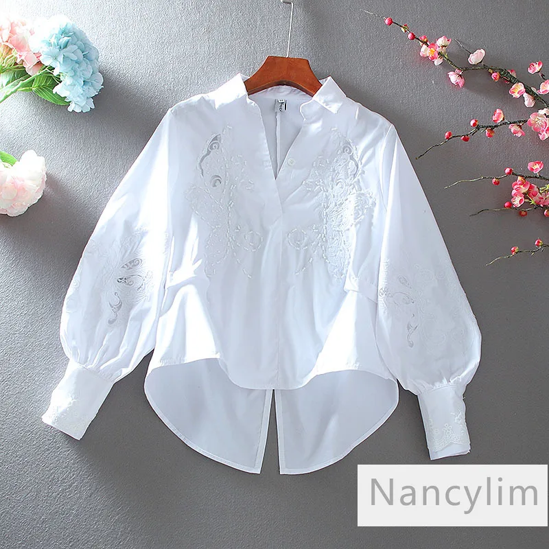 Dame Coton Pur Blanc Chemise Femmes Broderie Creuse Tout-Match Taille Haute Décontractée Lâche V-Cou Blusas Femme Printemps été