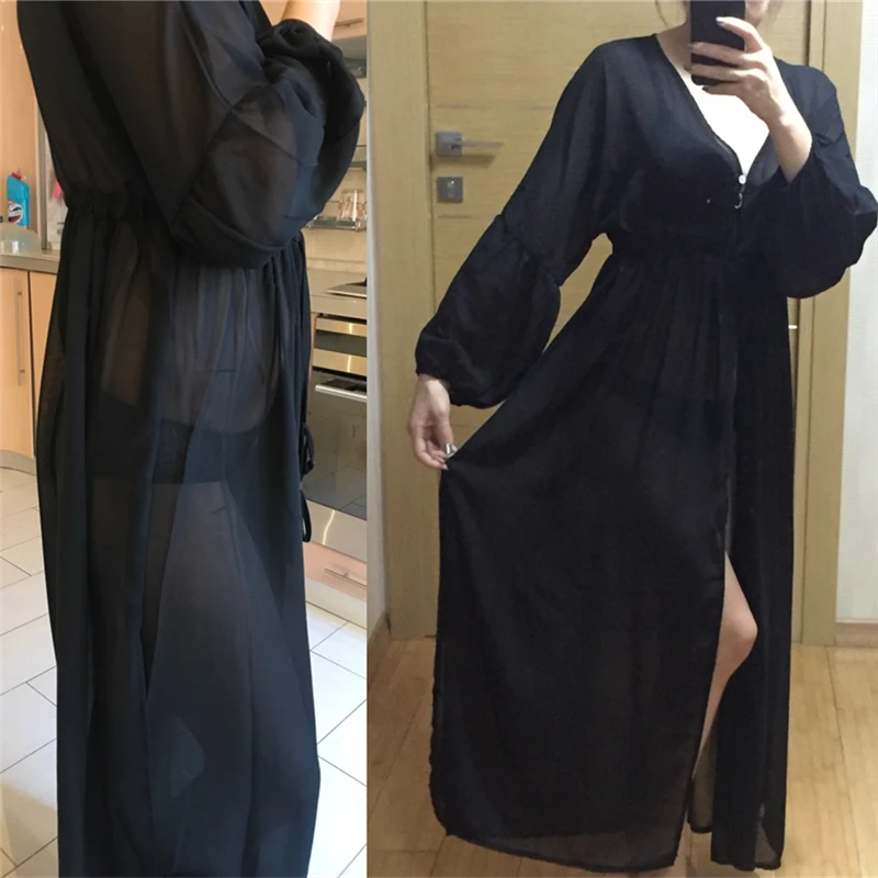 Пляжная накидка шифоновый черный халат пляжный сексуальный женский кафтан