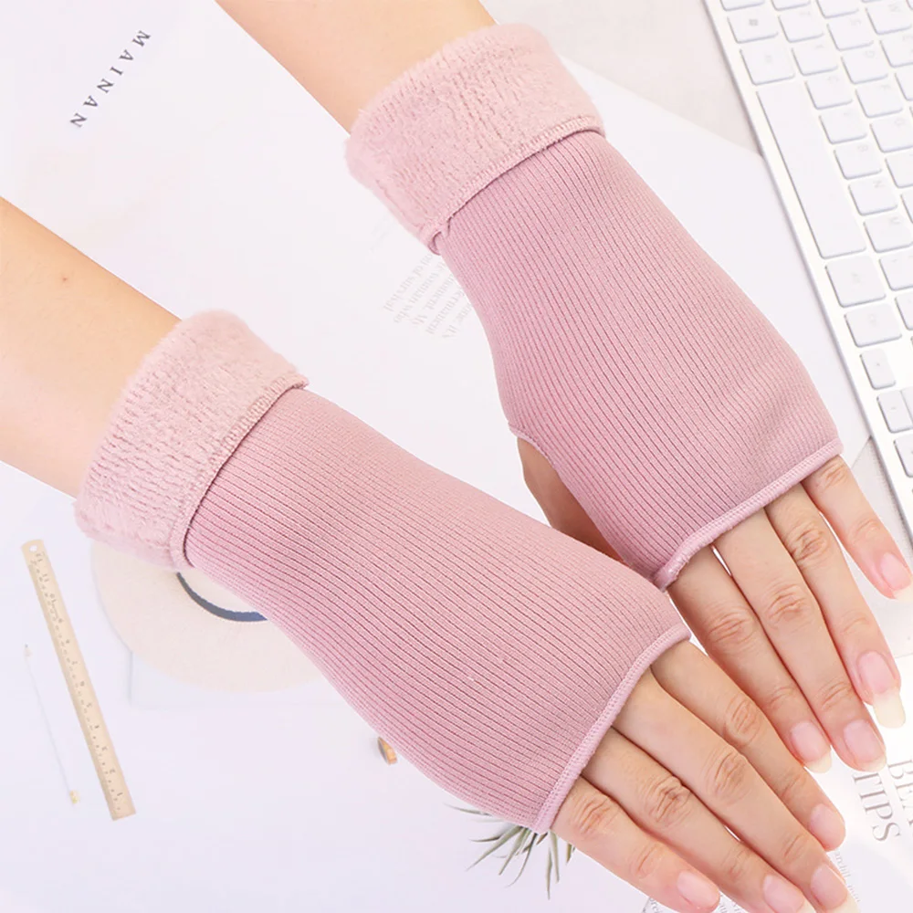 

Winter Female Knitted Typing Mitten Autumn Women Plus Velvet Double Warmer Fingerless Writing Half Finger Glove