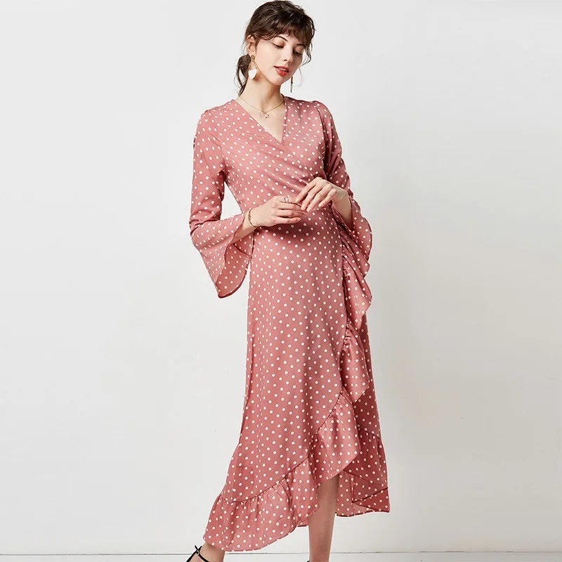 Женское длинное платье-туника HiloRill Повседневное платье в горошек с оборками