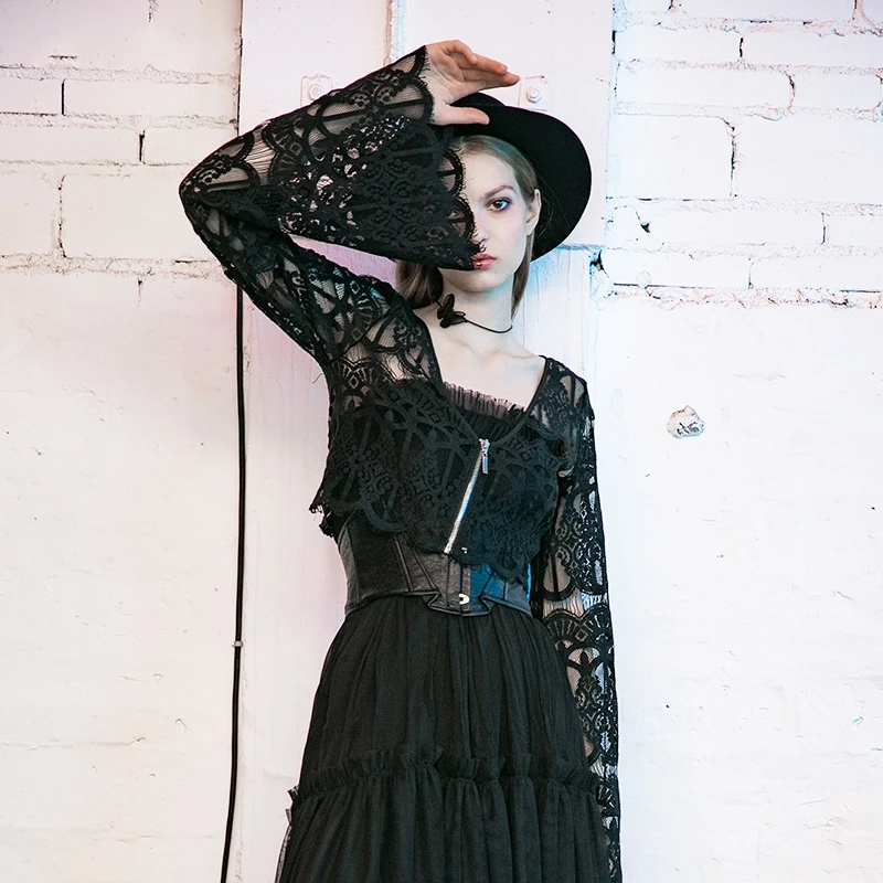 Женские кружевные топы на молнии с расклешенными рукавами и цветочным принтом