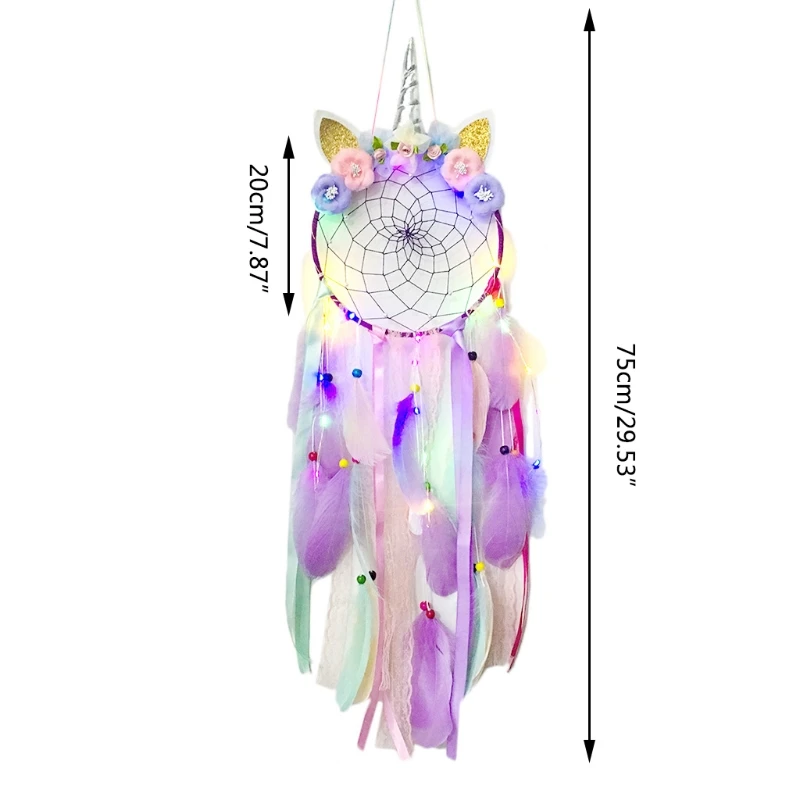 

X7XD Boho Dream Catcher Feather Flowers Dreamcatcher with LED Fairy Lights Wall Hanging Ornaments for Girls Bedroom