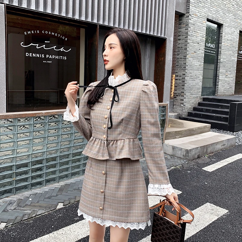 

Set 2020 Autumn Korean Style Lattice Retro Fashion Small Fragrance Lace Thin and Light Mature Ladies Two-piece Suit