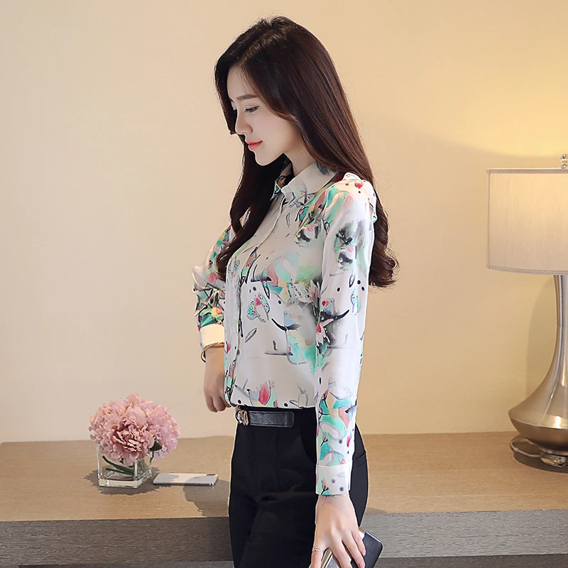 

2020 New Women's Blouse Long Sleeve Printing Lady Loose Silk Shirt Plus Size Female Casual Floral Turn-down Collar Chiffon Tops