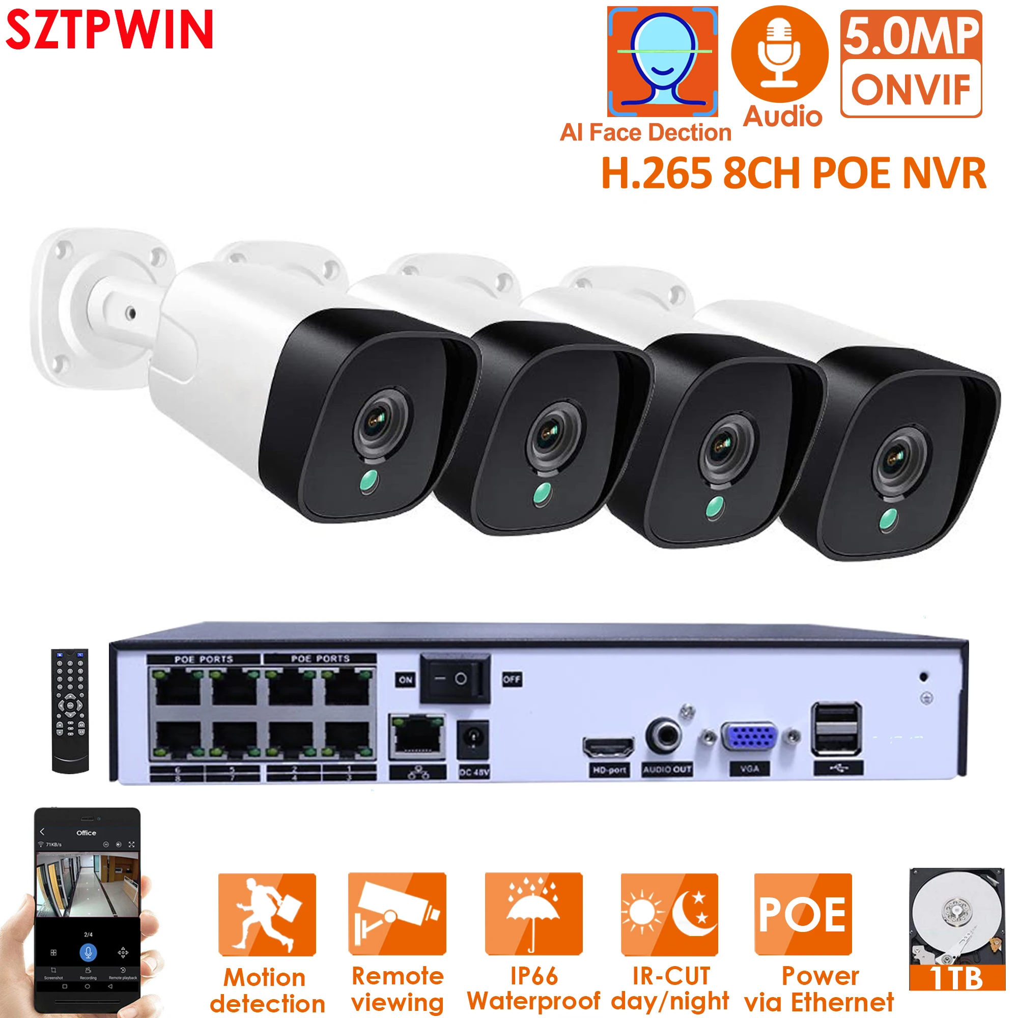 Комплект камер видеонаблюдения Rj45 H.265 + 8 каналов 5 МП POE наружная