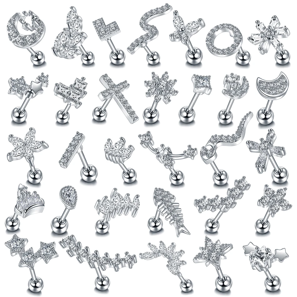 

1Pc Moon Star Flower Heart Cross Marquise Steel Barbell CZ Tragus Diath Cartilage Helix Rook Piercing Earring