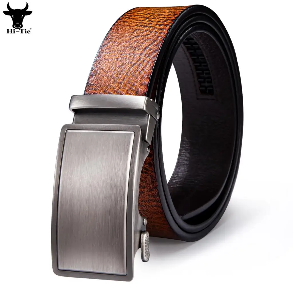 Hi-Tie Tan Brown Genuine Leather Mens Belts Silver Smooth Automatic Buckles Ratchet Waist Belt for Men Dress Jeans Formal Casual