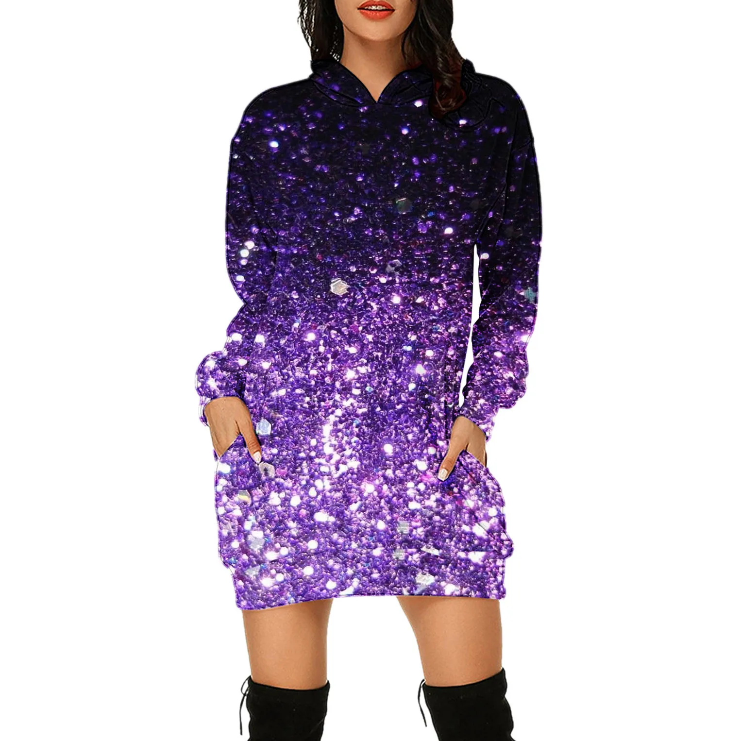 Модное женское платье с капюшоном повседневная сумка принтом карманом на бедрах