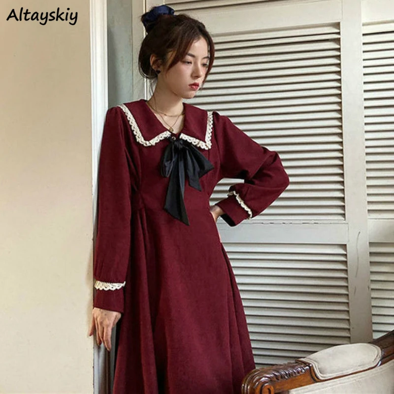 

Платье для женщин с длинным рукавом французский корейский стиль кепки, кепки в стиле Темперамент Романтический размера плюс с бантом милая ...