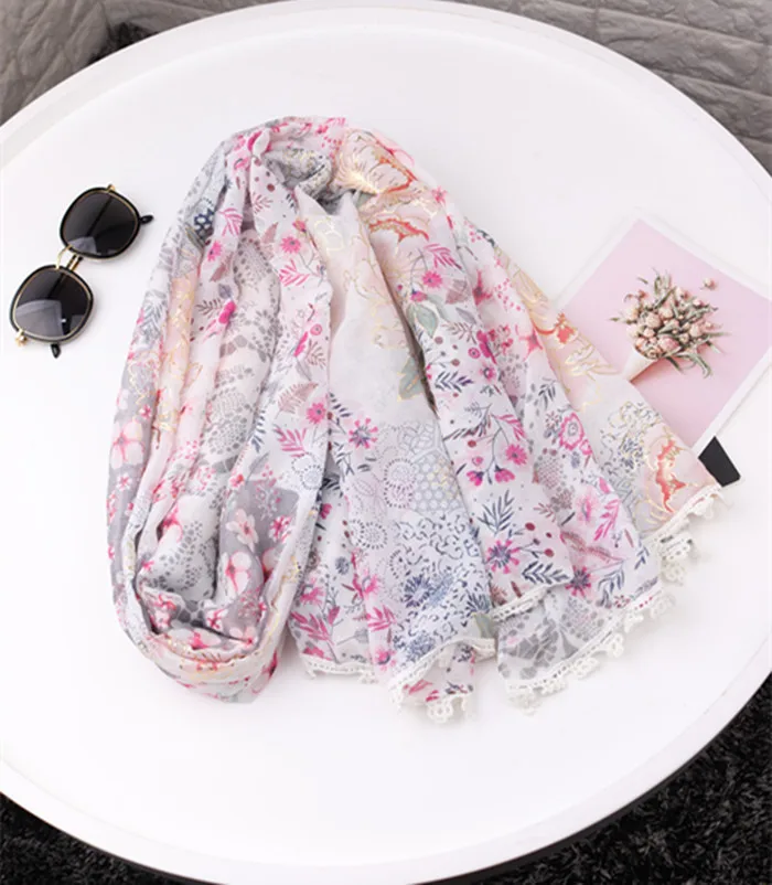 2020 Fashion Small Flower Print Gold Foil Trim Scarves Shawls Long Women Soft Floral Wrap Scarf Hijab Free Shipping |