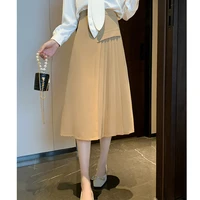 wkfyy women elegant woolen spliced solid color zipper high waist irregular slim a line pleated long mid skirt with lining s4015