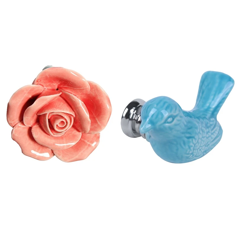 

1Pcs Rose Flower Ceramic Door Knobs Handle Drawer Pink & 1PCS Bird Kitchen Cabinet Cupboard Ceramic Door Handles Blue