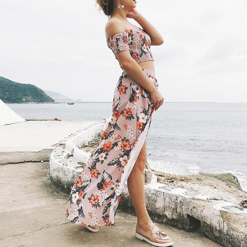

Hot Sales!!! Summer Women Floral Print Long Slit Skirt Off Shoulder Crop Top Beach Dress Set