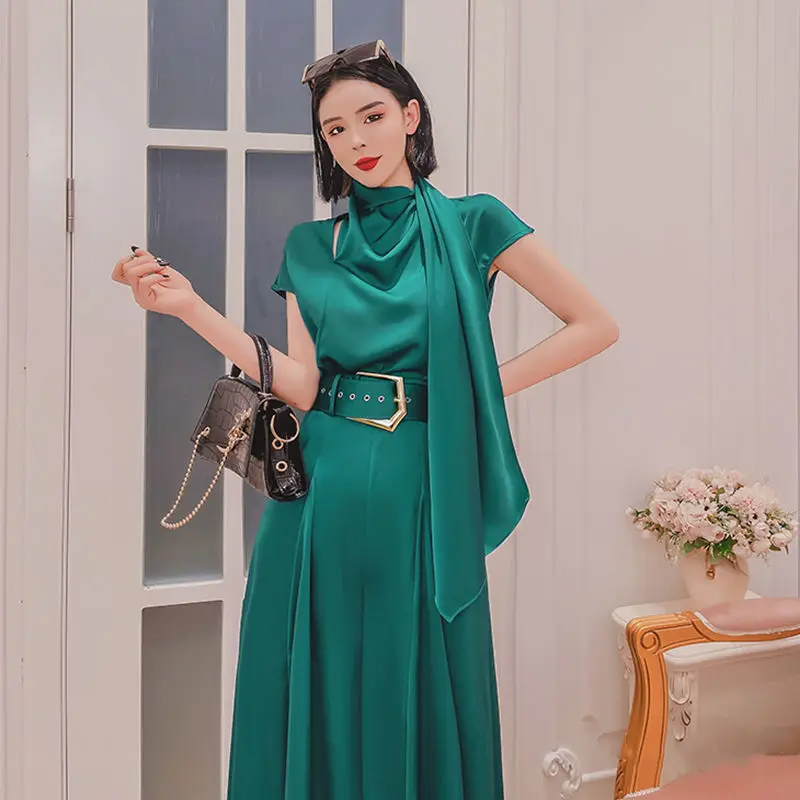 

Women 2021 Summer Elegant New Fashion 2pcs Set Suit OL Lady Work Office Wear Blouse + High Waist Wide Leg Long Pants Sets B21