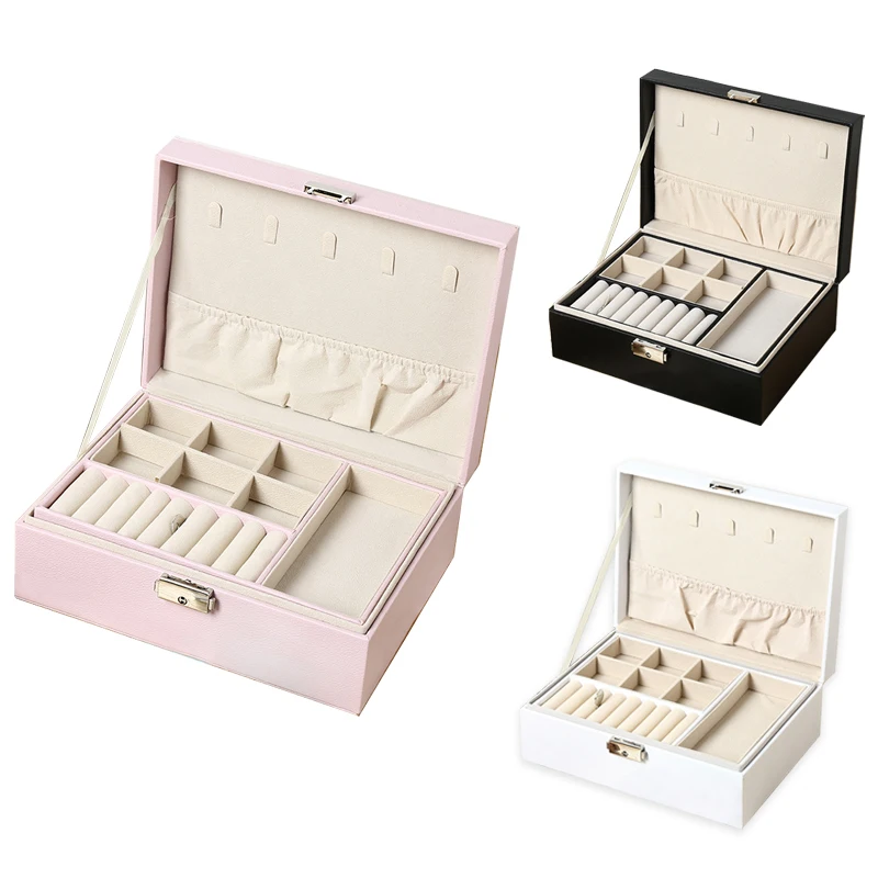 

Leather Double Layer Gift Box Earrings Ring Necklace organizer Jewelry Box rangement Ornaments storage box pink packaging box