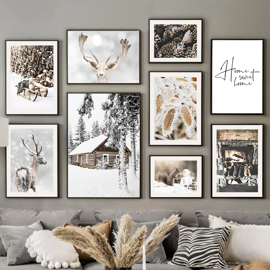 

Winter Snow Pine Forest Deer Squirrel House Wall Art Canvas Painting Nordic Posters And Prints Wall Pictures For Living Room