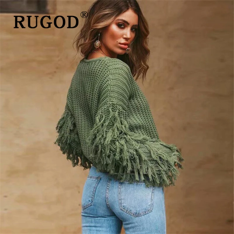 RUGOD/трикотажное женское платье с кисточками на рукавах зима 2019 auturm круглый вырез