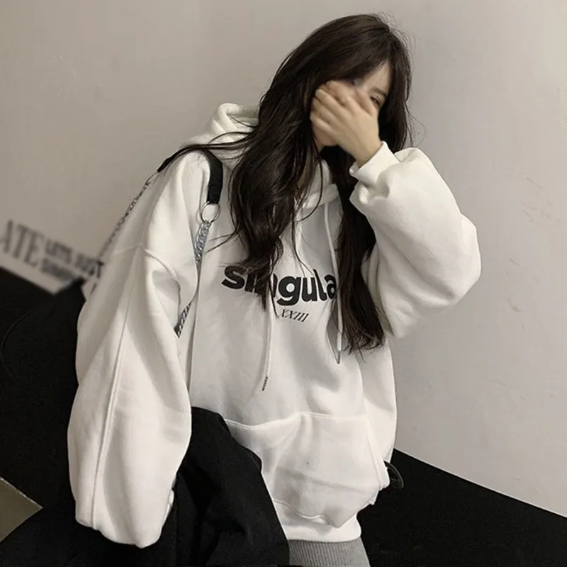 

Pullovers harajuku hoodie female loose hooded tide down letters fleece female set heads Sweatshirt Female Streetwea # ocpu