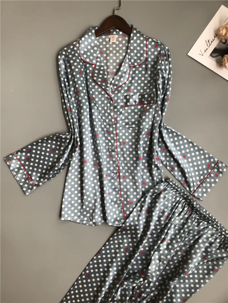 Пижама женская атласная с отложным воротником и длинным рукавом|Комплекты пижам|