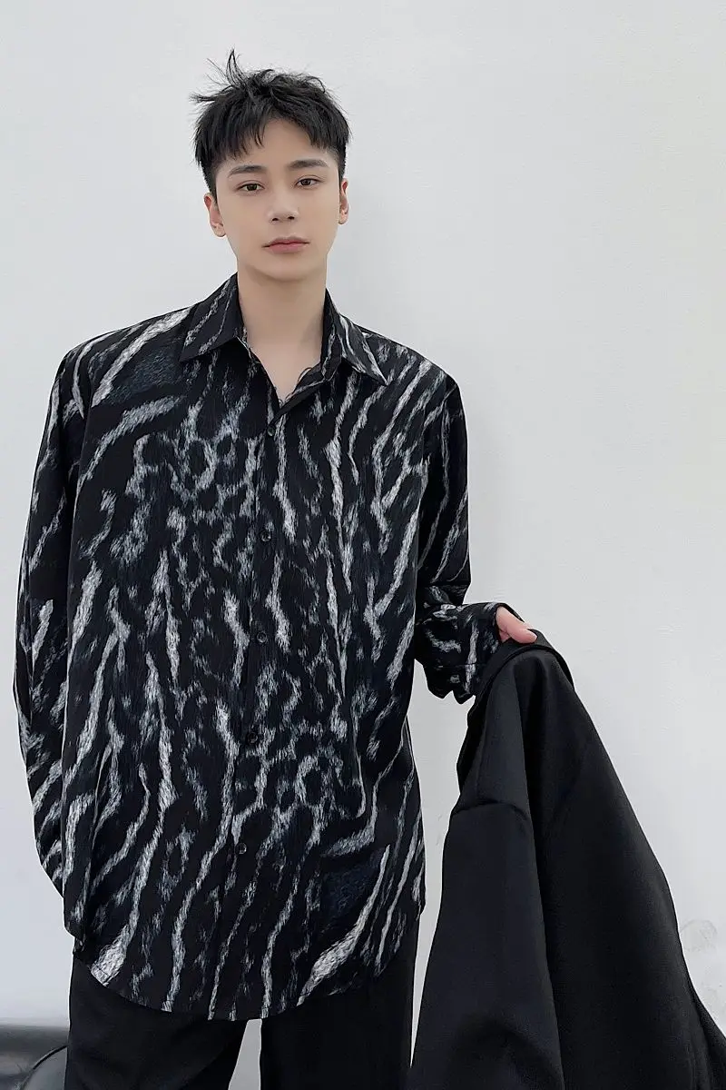 

IEFB 2021 New Personalized Ink Tie Dyeing Print Trend Casual Loose Long Sleeve Shirt Oversized Lapel Streetwear Black Top 9Y6684