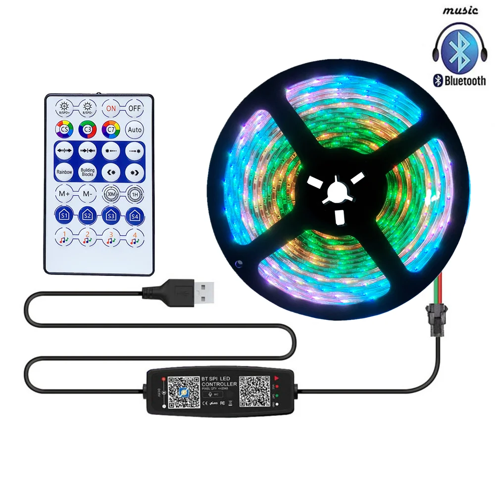 

WS2812B RGB Led Strip WS2812 30/60/144Pixels/m Individually Addressable Smart Light With USB Bluetooth Music Controller Kit DC5V