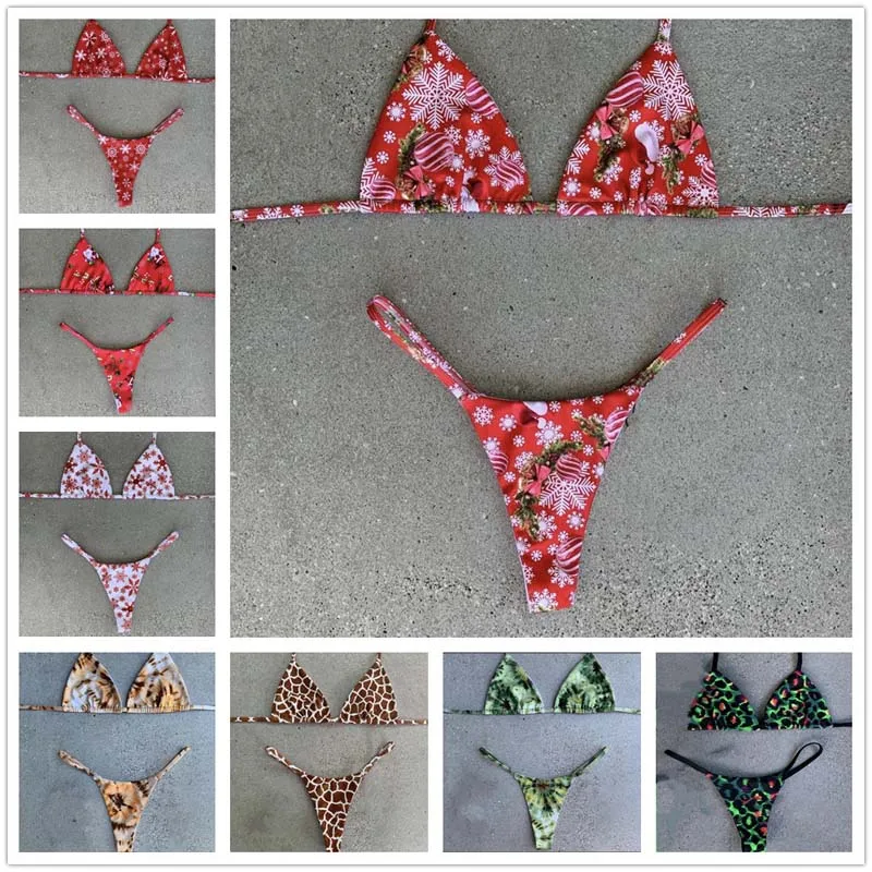 

Женский нейлоновый купальник-бикини с принтом, разрезом и заниженной талией