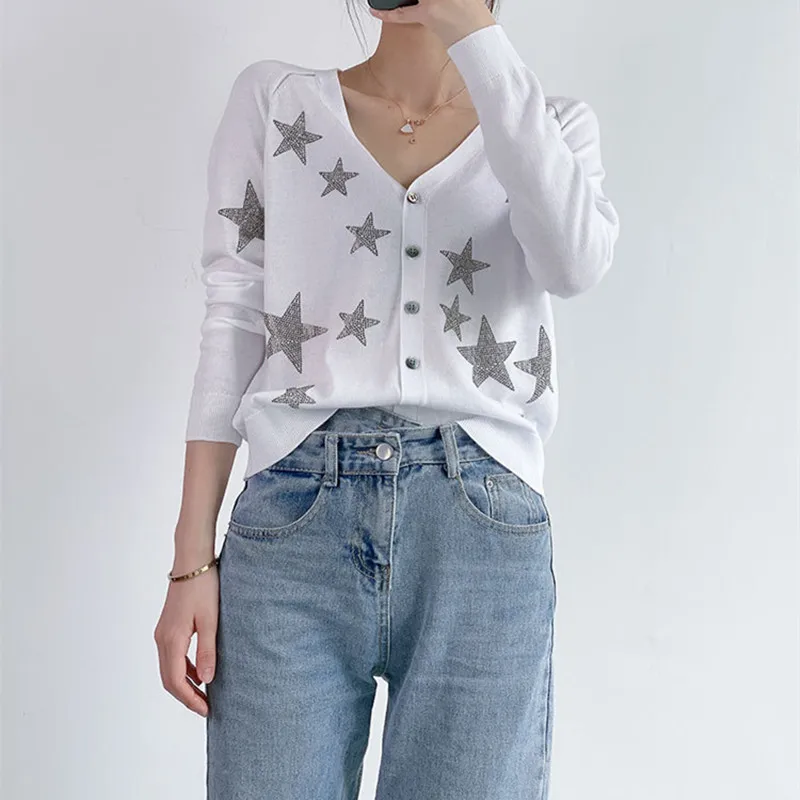 

2021 Autumn Women's Sweater Shining Star Hot Diamond Long Sleeve V-Neck Single Breasted Sweater Ladies Knit Cardigan