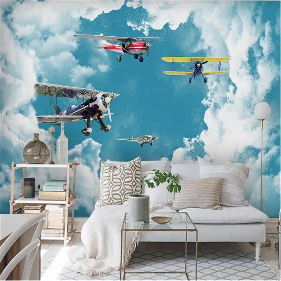 

3d фотообои на заказ, настенные, для детской комнаты, с изображением голубого неба, белых облаков, самолета, дивана, телевизора