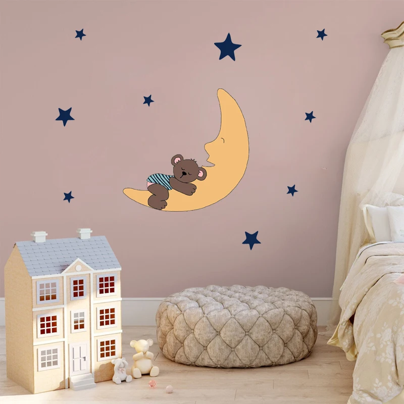 Милый спящий медведь и луна звезды Наклейка на стену для детской комнаты детская