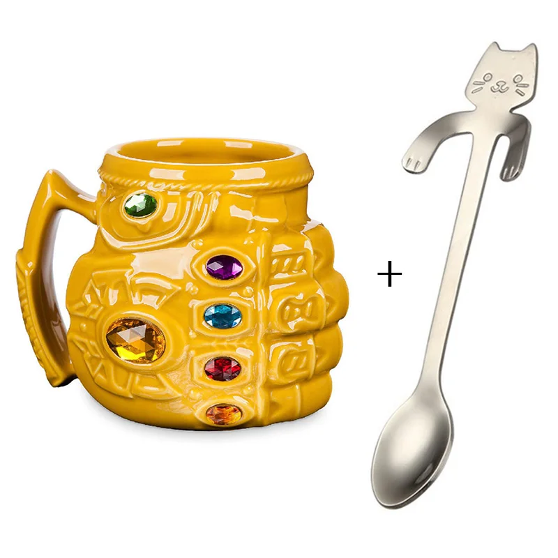 Spoon With Mug 350 мл Marvel перчатки Таноса Кулак Кофе Кружки аниме чашки и кружки крутые керамические Бесконечность драгоценный камень Знак мультфильм посуда для напитков подарок для детей - Цвет: Spoon With Mug