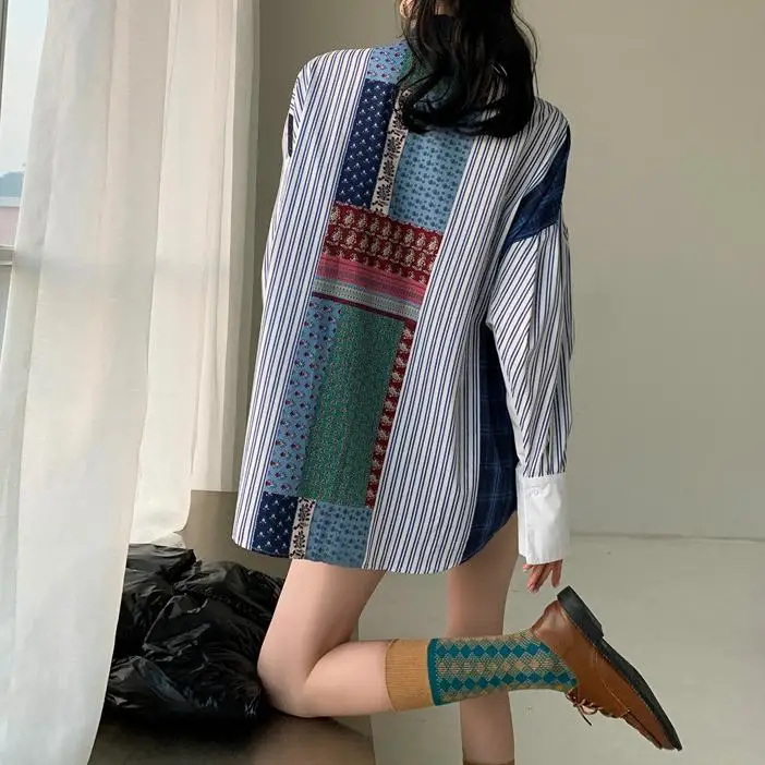 

Lauri Laki New Patchwork Denim Blouse Women Plus Size Retro Loose Long Sleeve Shirts Mujer Casual Oversize Blouse 2021 Tops