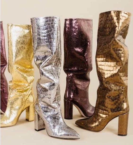 

Newest Croc-Effect Metallic Leather Knee Boots Pointed Toe Chunky Heels Python Print Winter Long Boots Women Banquet Shoes