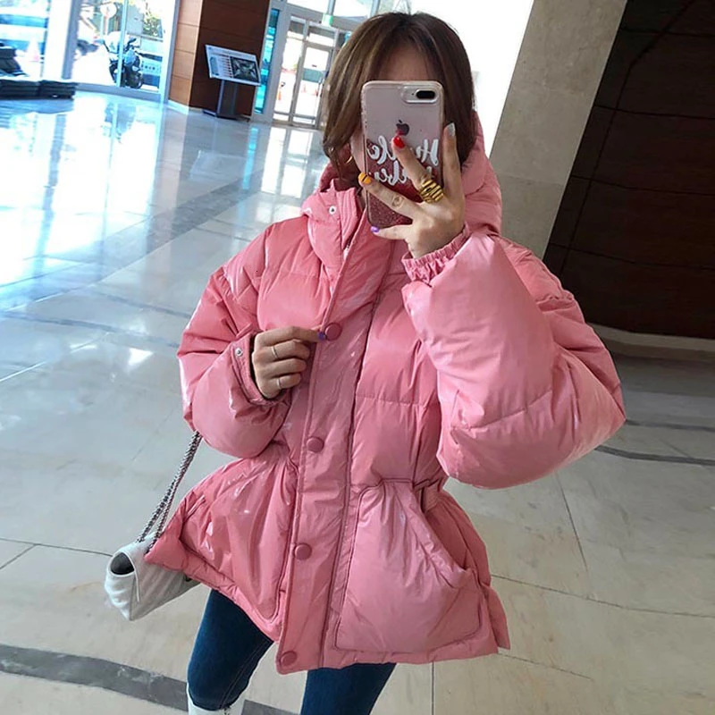 New Winter Women's Jacket hooded parka Bright Colors Insulated Puffy Coat collar hooded Parka Loose waist Belt outwear M192