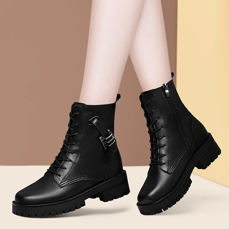 

Women's Boots Ladies Combat Boot Famale Motorcycle Shoes Genuine Leather Fashion Woman Winter Shoes Fashion Lace Up N0008