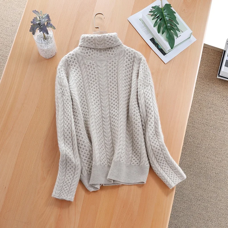 High collar cashmere sweater female thick loose pullover twisted knit bottoming large size women's clothing | Женская одежда