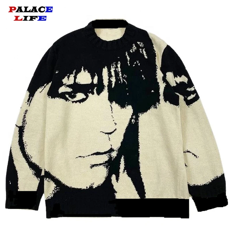 

Mens Streetwear Harajuku Sweater Vintage Retro Japanese Style Anime Portrait Print Knitted Sweater 2021 Autumn Cotton Pullover
