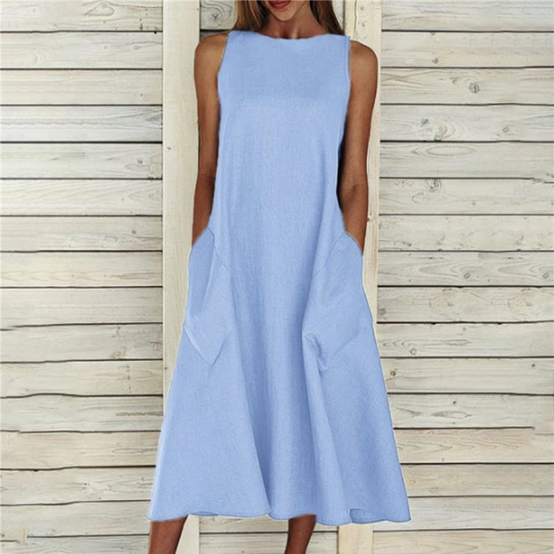 

Women Long Dress Summer 2021 Solid Sleeveless Pocket Bohemian Dress Women Casual Loose Plus Size Dresses For Women Party Wear