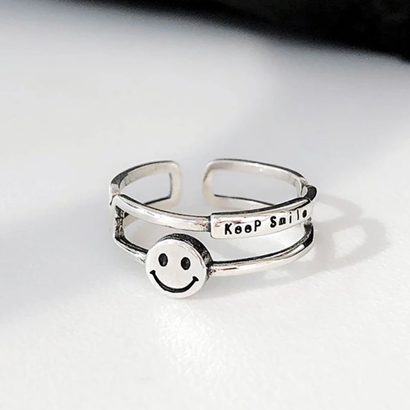 

Retro Double-Layer Smiley Chunky Alphabet Finger 925 Sterling Silver Adjustable Rings For Women Simple Antique Jewelry Gifts